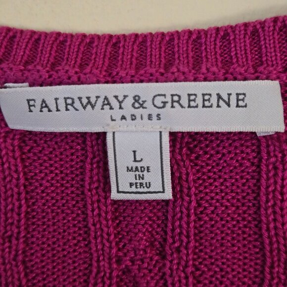 Fairway & Greene Berry Fuschia CableKnit V-neck Sweater Mercerized Cotton Size L - Picture 6 of 7